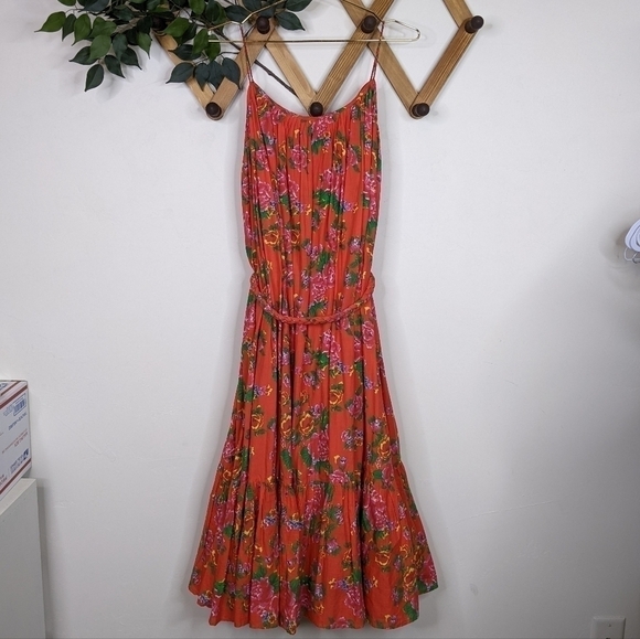 Rhode Lea Tea Length Bouquet Red Floral Midi Belted Dress Size XS - Picture 3 of 6